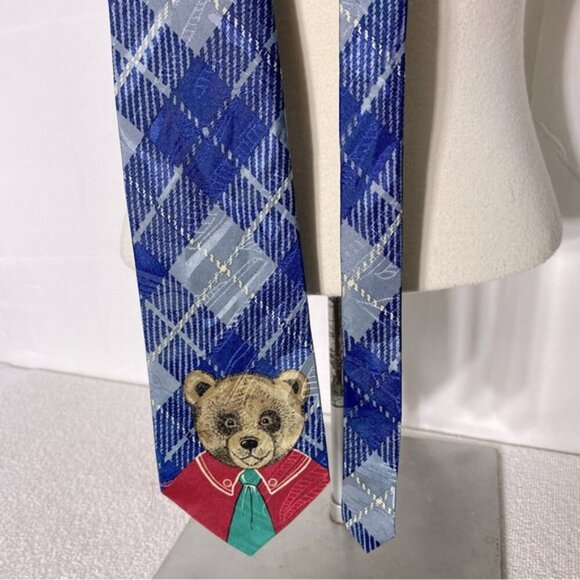 Vintage Gold City Blue Plaid With Teddy Bear Tie - Picture 10 of 10